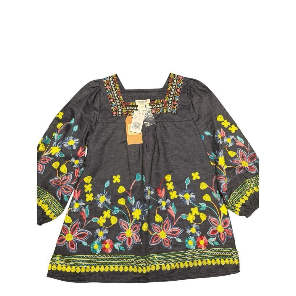 Tru Luxe Jeans Top Size S  Square Neck Blue Colorful Embroidery Floral
